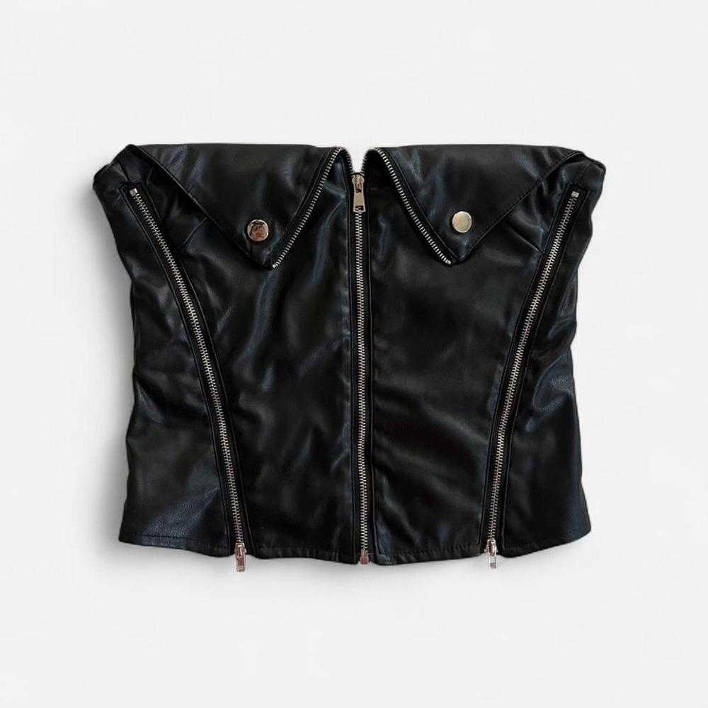 Y2K‎ Edikted Leather Corset Top Goth Punk Black Zipper Grunge 2000s Raver